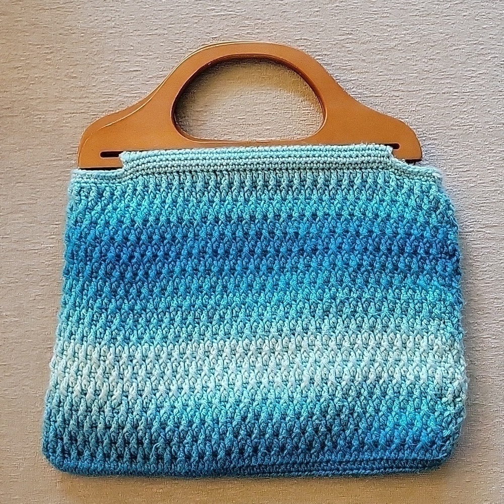 Blue Crochet wooden handled purse bag. Larger size. 12 x 16
